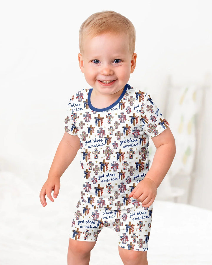 God Bless America Family Matching Bamboo Two Piece Short Sleeve Shorts Pajama Set