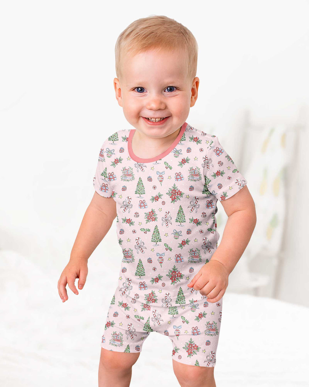 Watercolor Pink Christmas Holidays Christmas Tree Gifts Candy Cane Bamboo Two Piece Short Sleeve Shorts Pajama Set