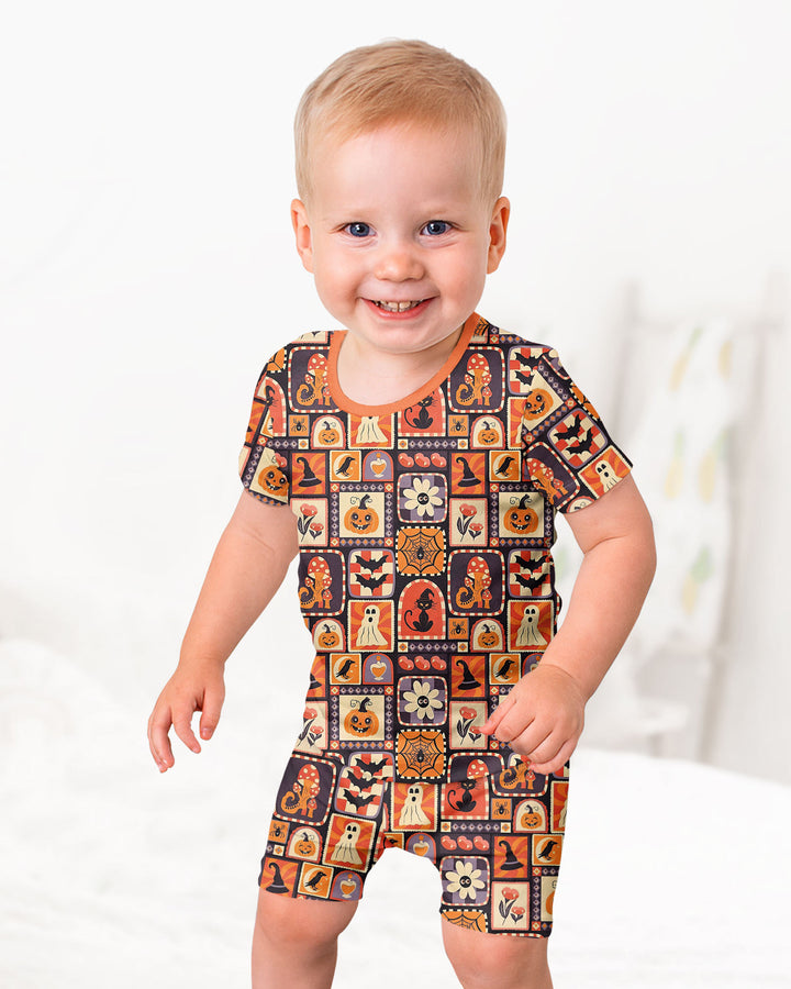 Retro Halloween Patchwork Icons Bamboo Two Piece Short Sleeve Shorts Pajama Set