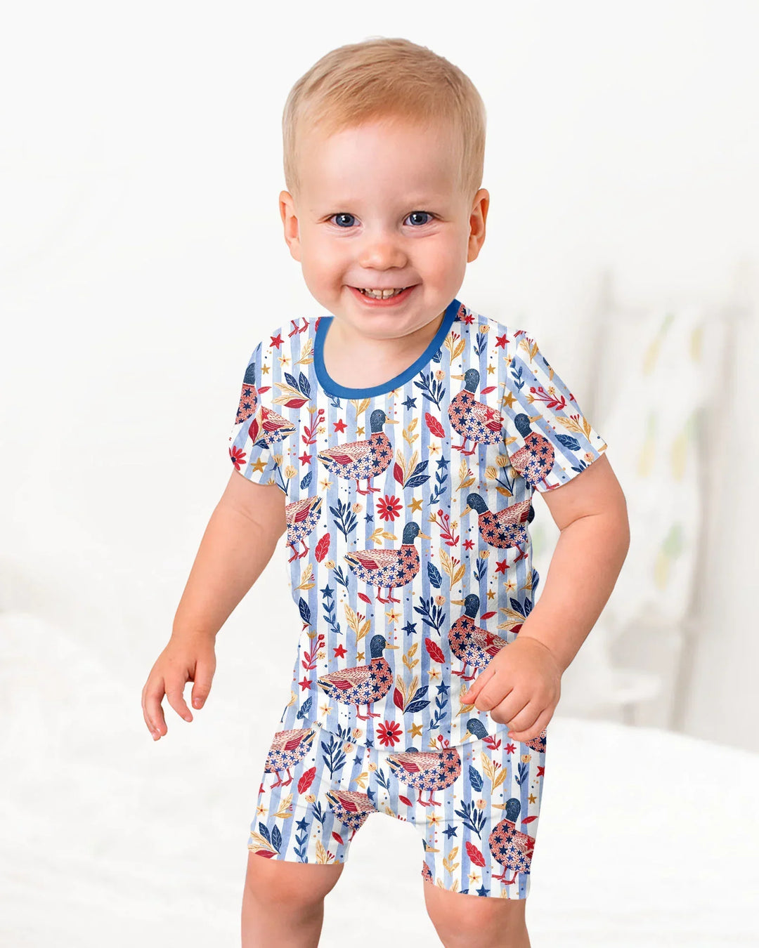 Patriotic Mallard Duck Bamboo Two Piece Short Sleeve Shorts Pajama Set