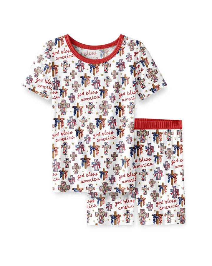God Bless America Family Matching Bamboo Two Piece Short Sleeve Shorts Pajama Set
