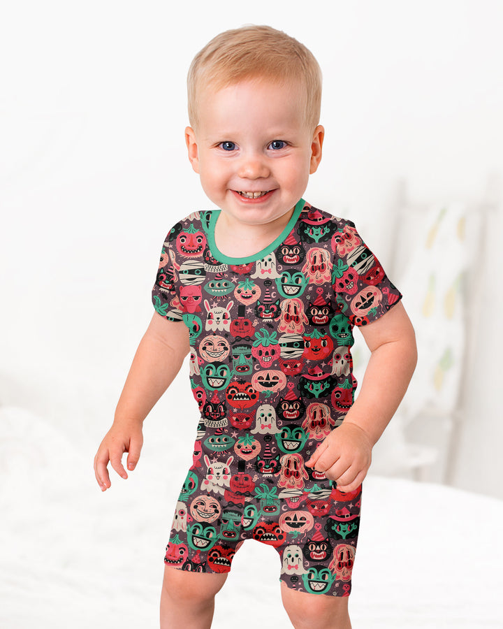 Retro Halloween Monsters Ghost Pumpkin Mummy Bamboo Two Piece Short Sleeve Shorts Pajama Set