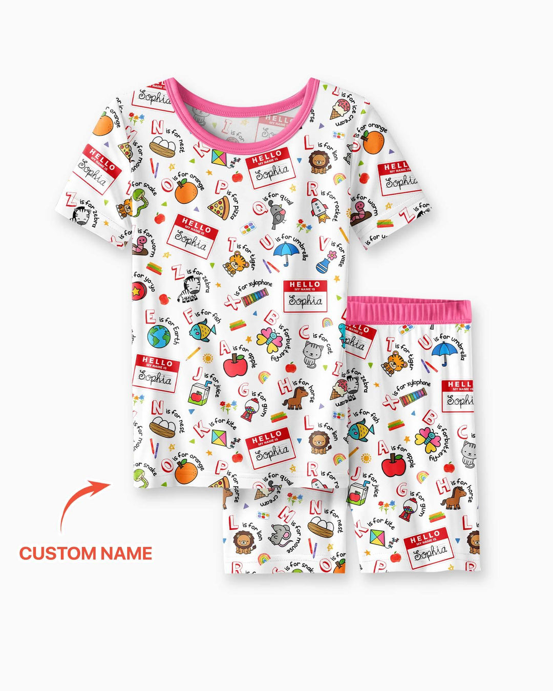 Custom Name Hello School ABCs Bamboo Two Piece Short Sleeve Shorts Pajama Set
