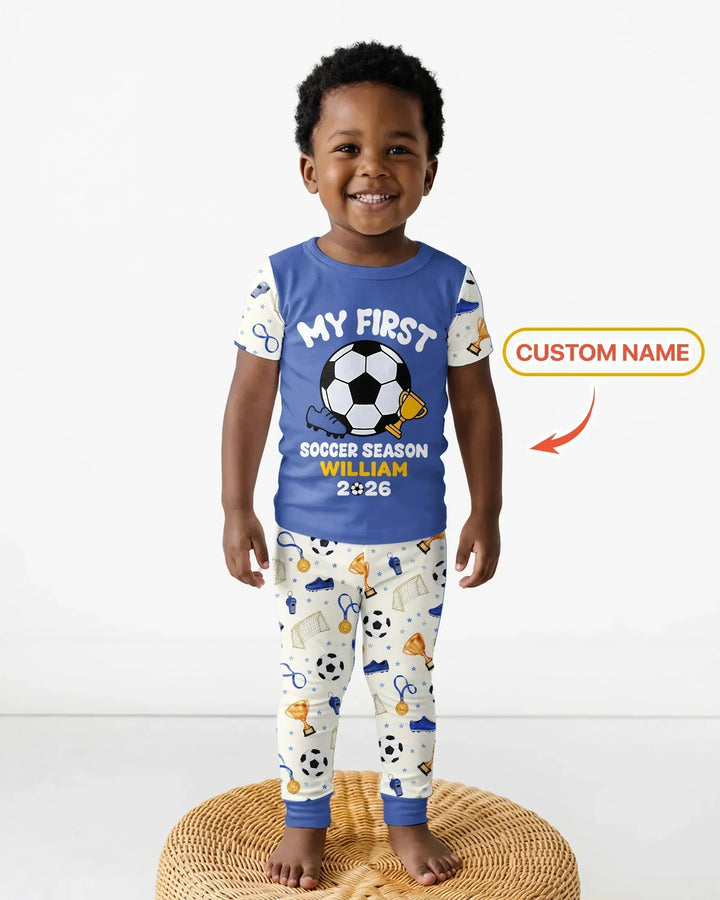 Custom Name My First Soccer Season Bamboo Two Piece Short Sleeve Pajama Set