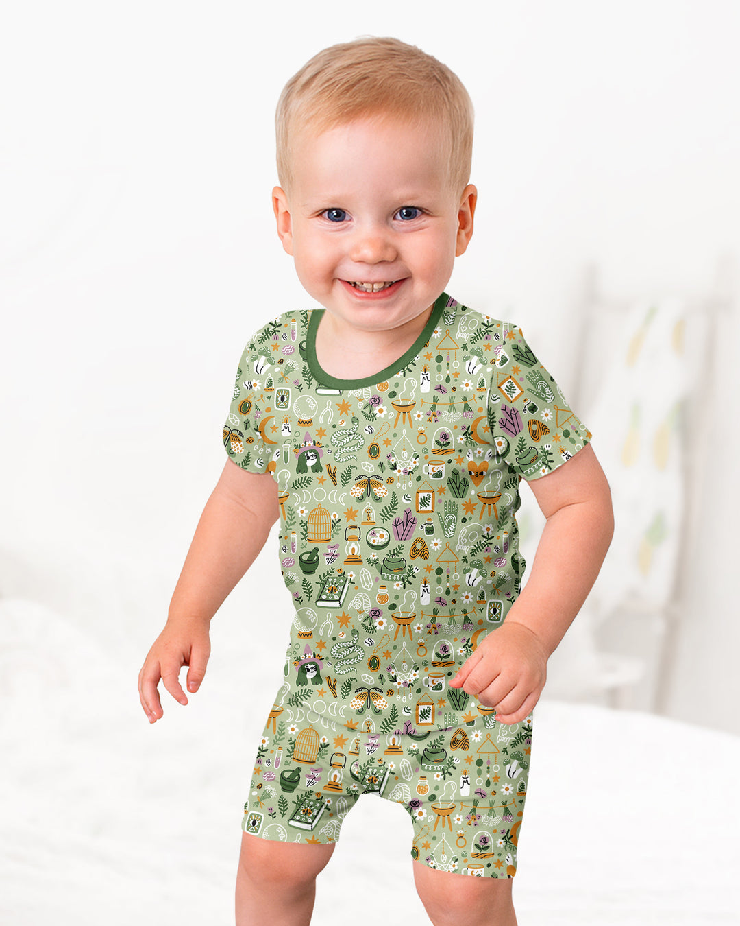 Boho Witchy Celestial Magic Floral Bamboo Two Piece Short Sleeve Shorts Pajama Set