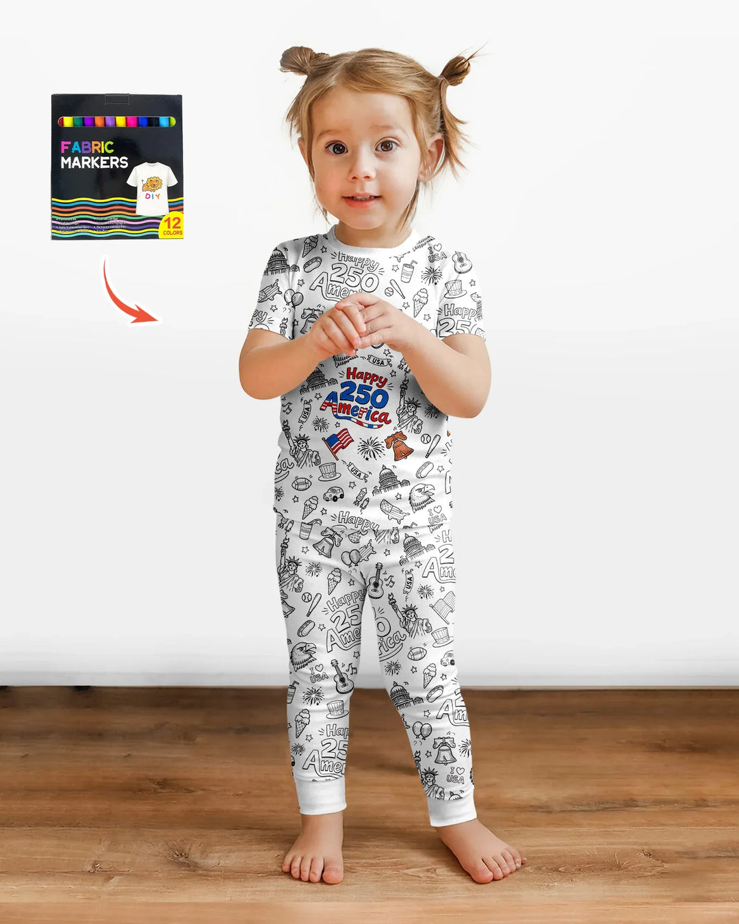 All Colorable Happy 250 America I love USA Bamboo Two Piece Short Sleeve Pajama Set