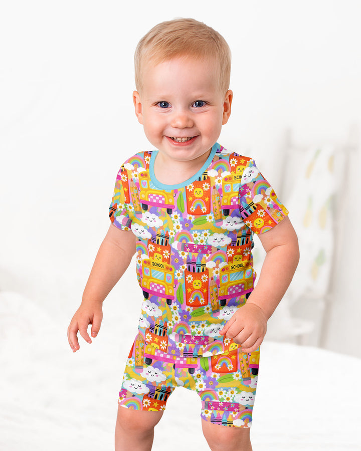 Retro Happy Classroom Bamboo Two Piece Short Sleeve Shorts Pajama Set