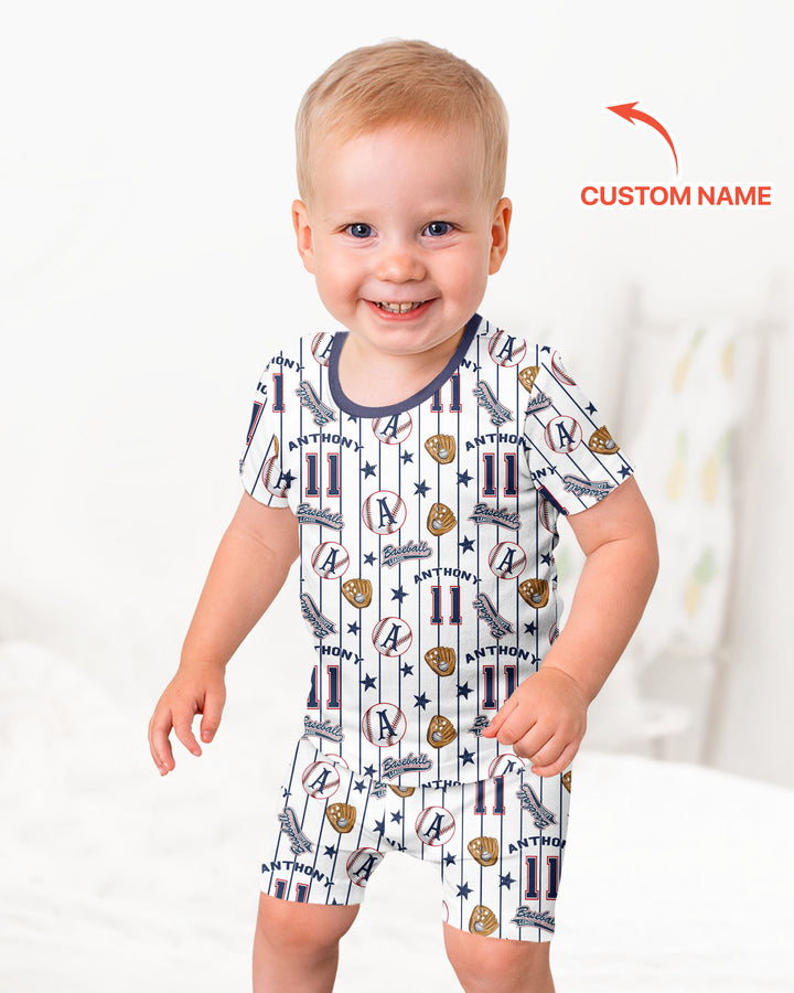 Custom Name Baseball Time Bamboo Two Piece Short Sleeve Shorts Pajama Set