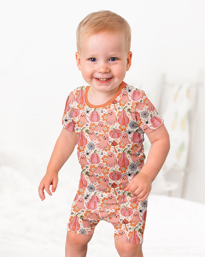 Pink Ghost Pumpkin Fall Floral Halloween Bamboo Two Piece Short Sleeve Shorts Pajama Set