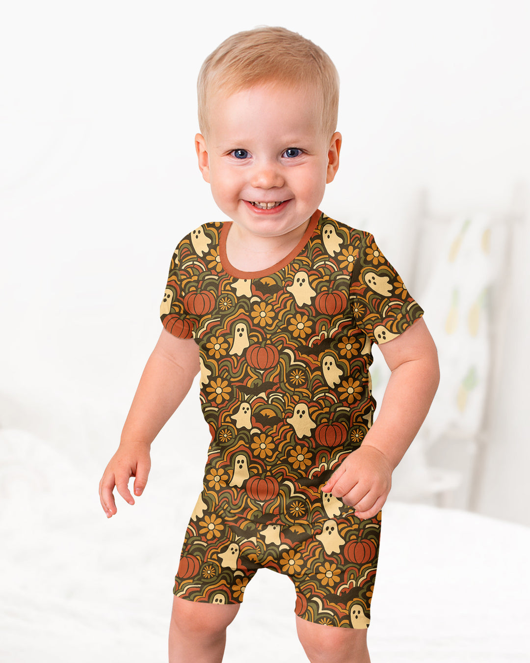 Retro Halloween Ghost Pumpkin Floral Bamboo Two Piece Short Sleeve Shorts Pajama Set