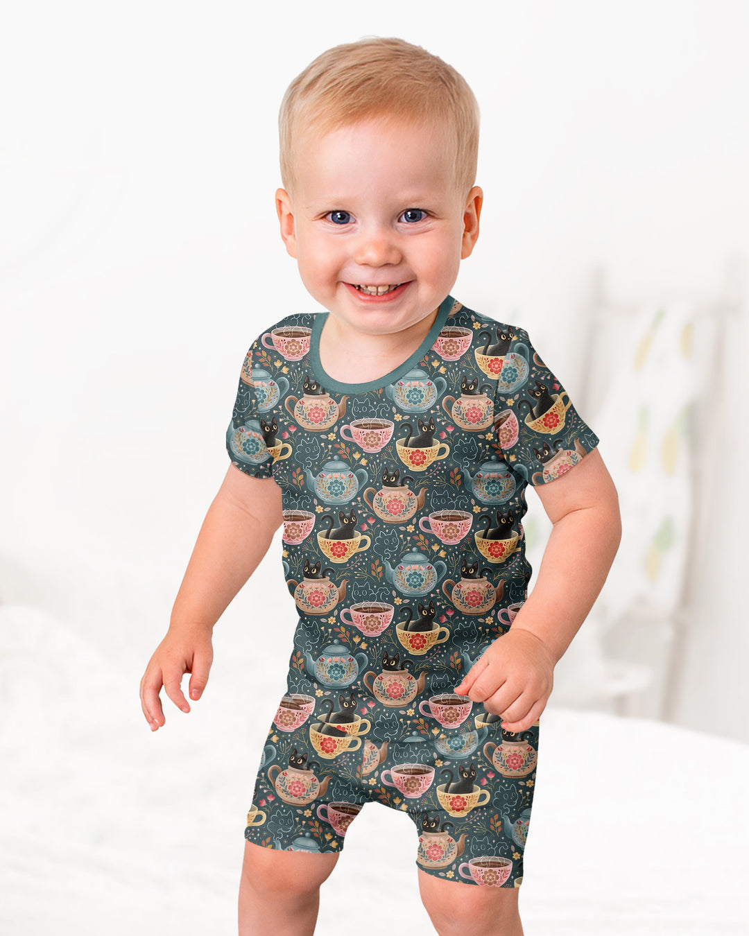 Folk Floral Black Cat Tea Party Bamboo Two Piece Short Sleeve Shorts Pajama Set