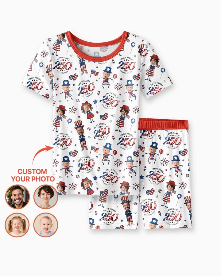 Custom Photo Smith Family Celebration Bamboo Two Piece Short Sleeve Shorts Pajama Set
