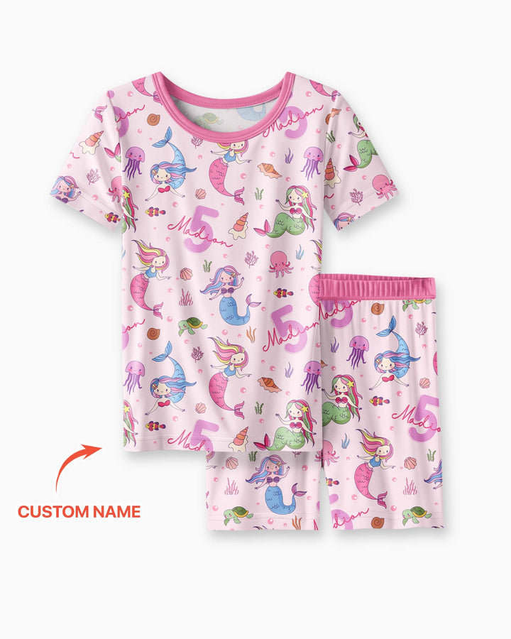 Custom Name Birthday Mermaid Bamboo Two Piece Short Sleeve Shorts Pajama Set
