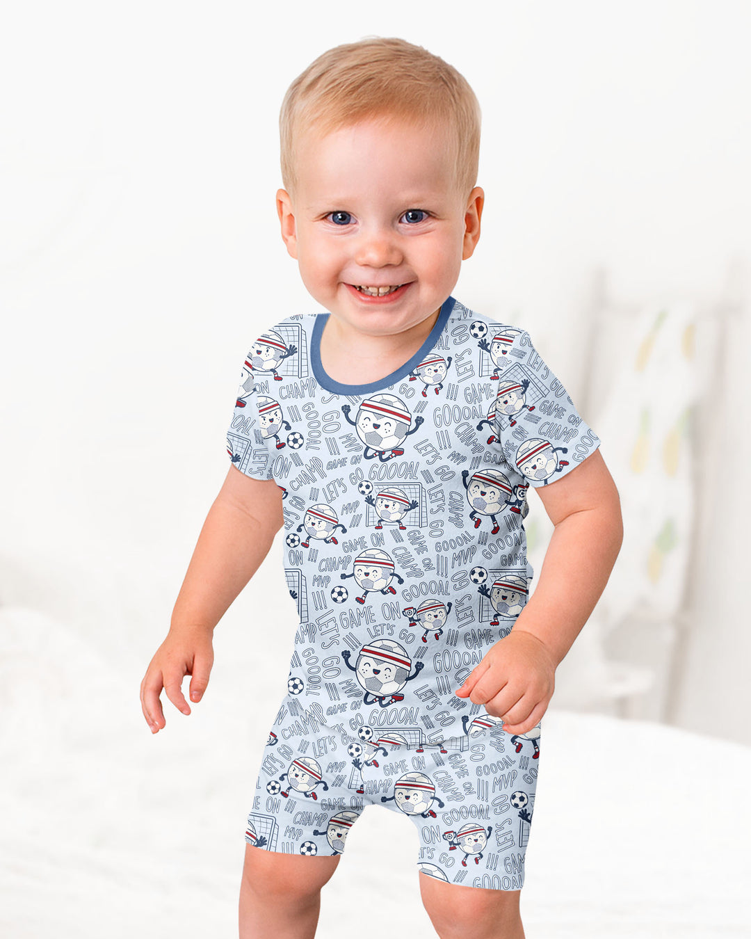 Happy Soccer Ball Family Matching Bamboo Two Piece Short Sleeve Shorts Pajama Set