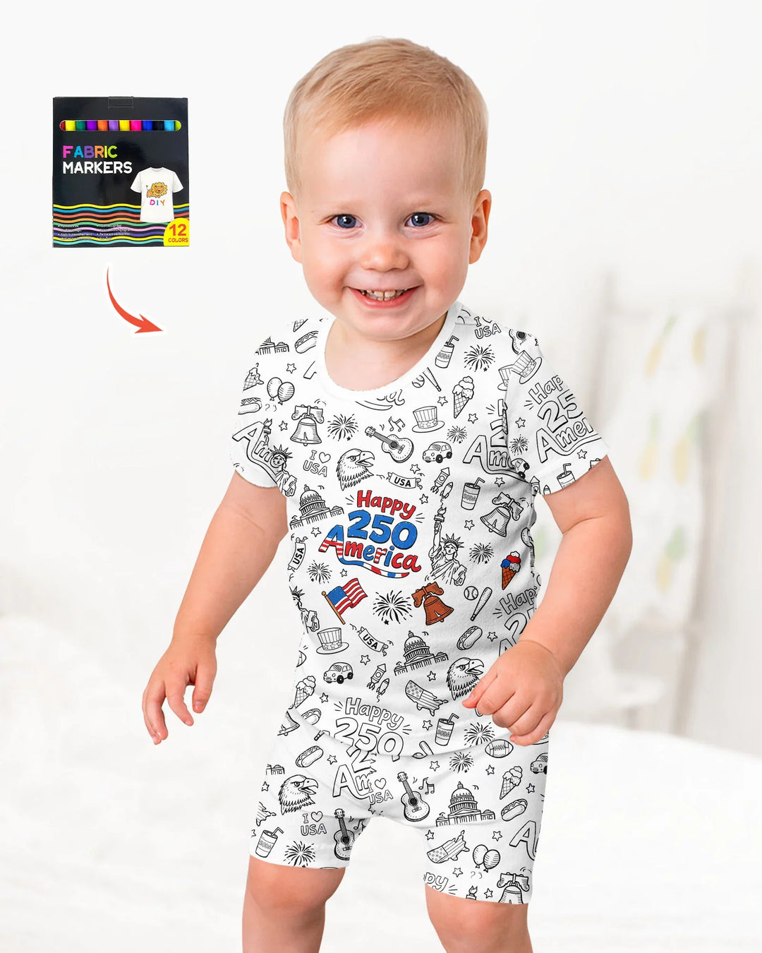 All Colorable Happy 250 America I love USA Bamboo Two Piece Short Sleeve Shorts Pajama Set