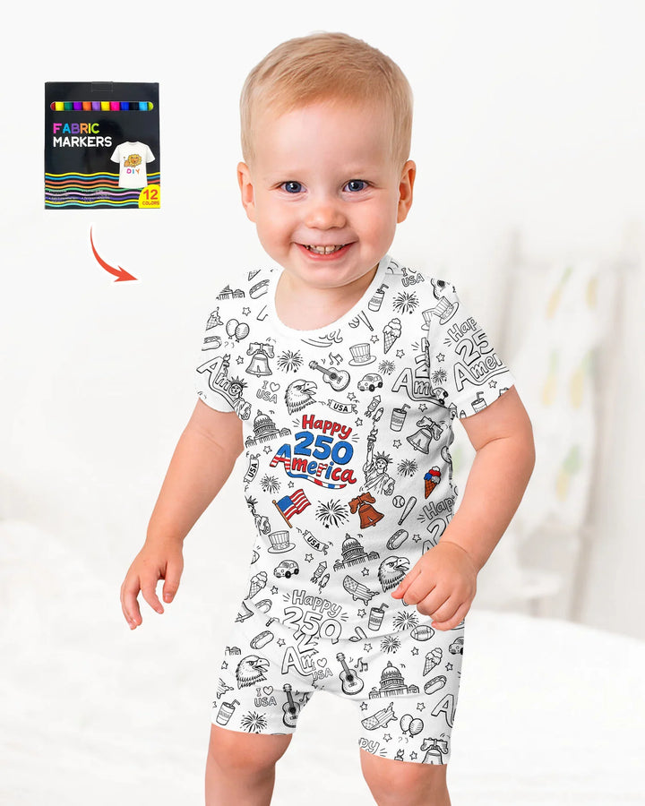 All Colorable Happy 250 America I love USA Bamboo Two Piece Short Sleeve Shorts Pajama Set