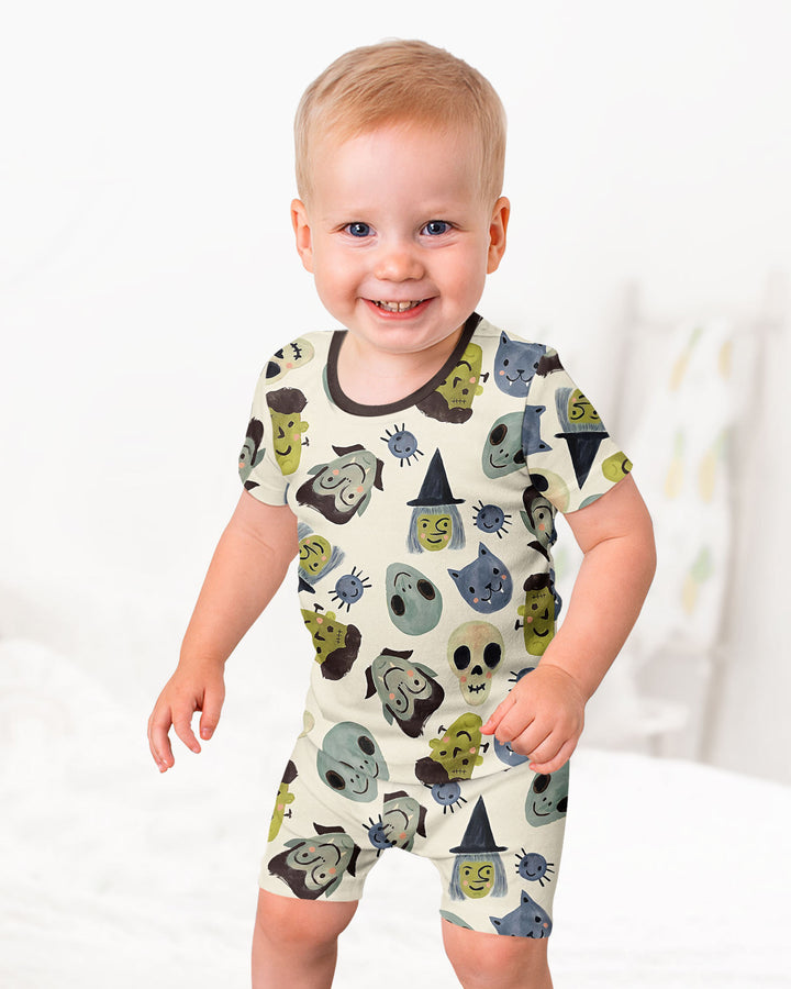 Halloween Gesichts Bambus Zweiteiliger Kurzarm Shorts Schlafanzug