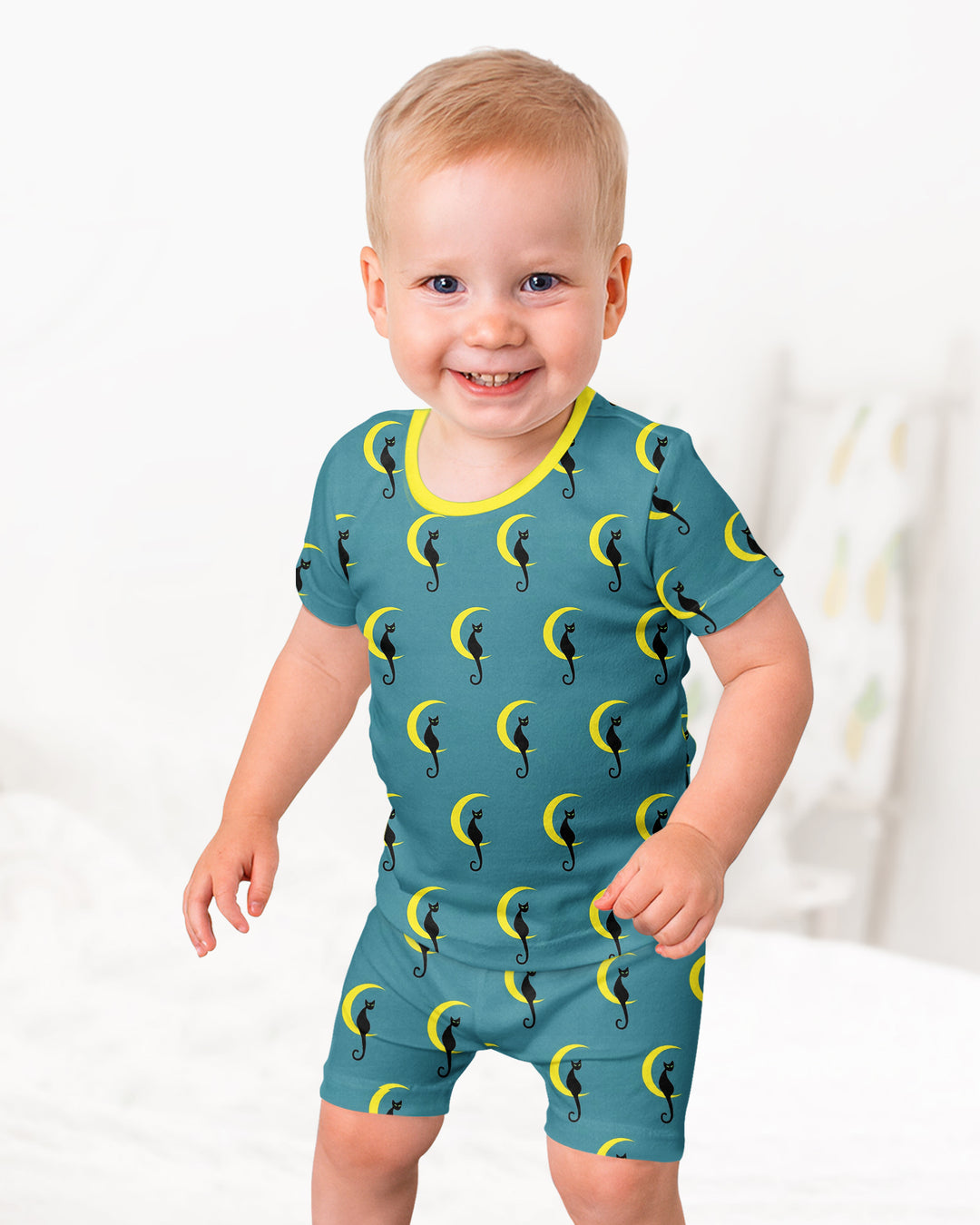 Black Cat Crescent Moon Celestial Night Bamboo Two Piece Short Sleeve Shorts Pajama Set