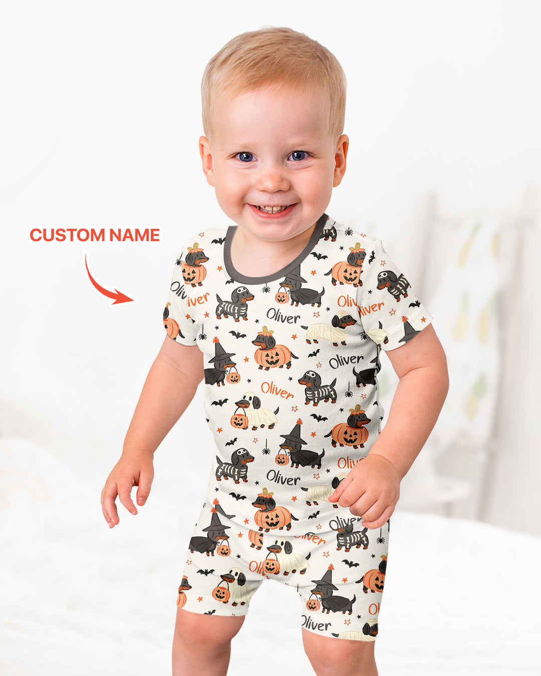Orange and Black Dachshund Bamboo Two Piece Short Sleeve Shorts Pajama Set