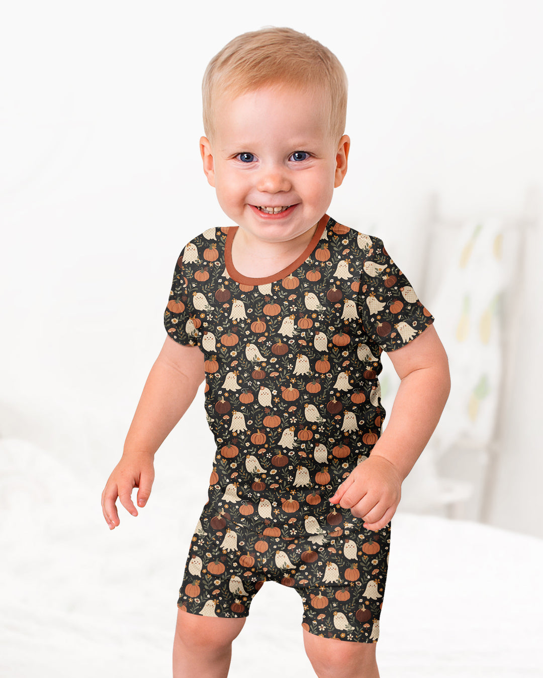 Ghost Pumpkin Harvest Floral Halloween Bamboo Two Piece Short Sleeve Shorts Pajama Set
