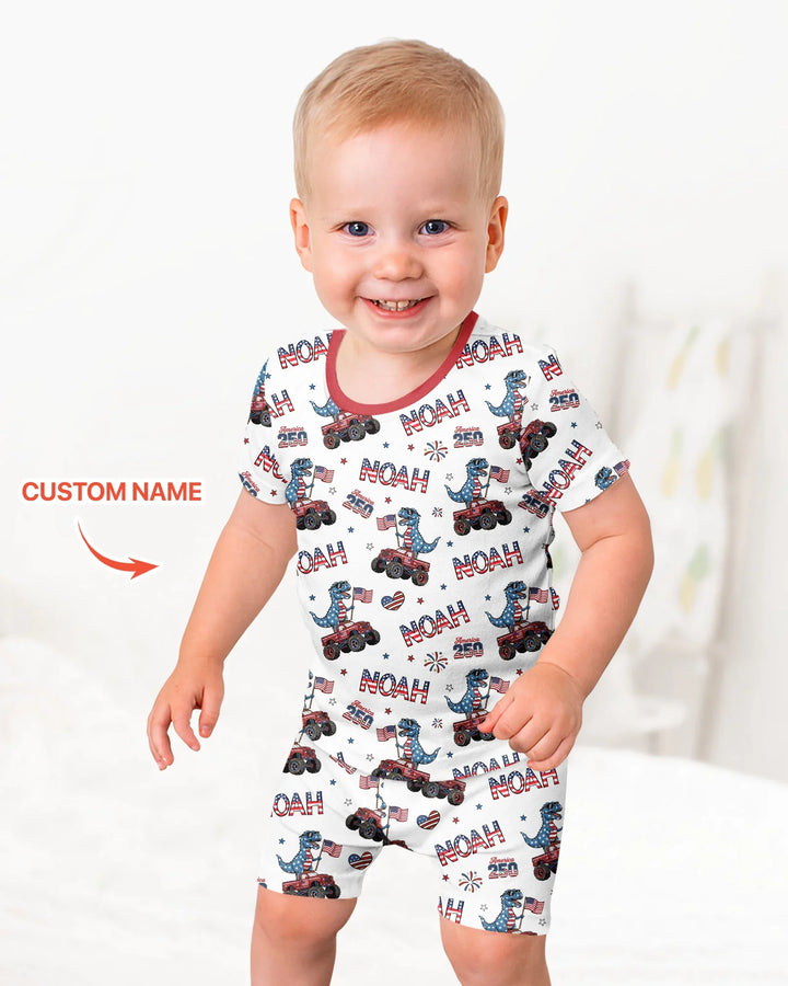Custom Name American Flag Dinosaur Bamboo Two Piece Short Sleeve Shorts Pajama Set