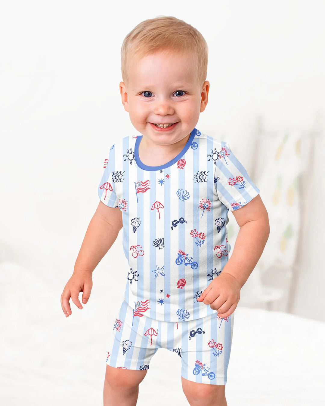 Red, White & Beachy Family Matching Bamboo Two Piece Short Sleeve Shorts Pajama Set