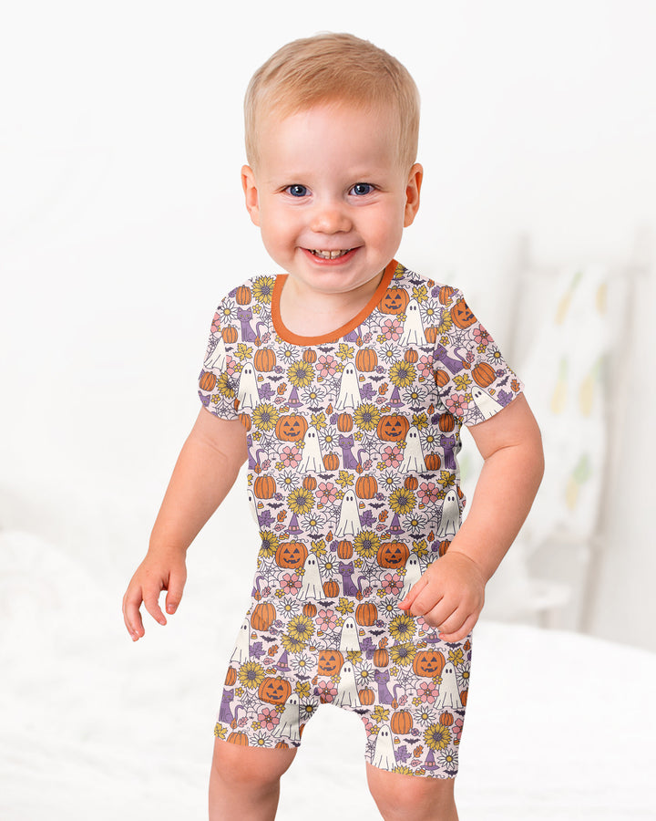 Ghost Pumpkin Fall Floral Halloween Bamboo Two Piece Short Sleeve Shorts Pajama Set