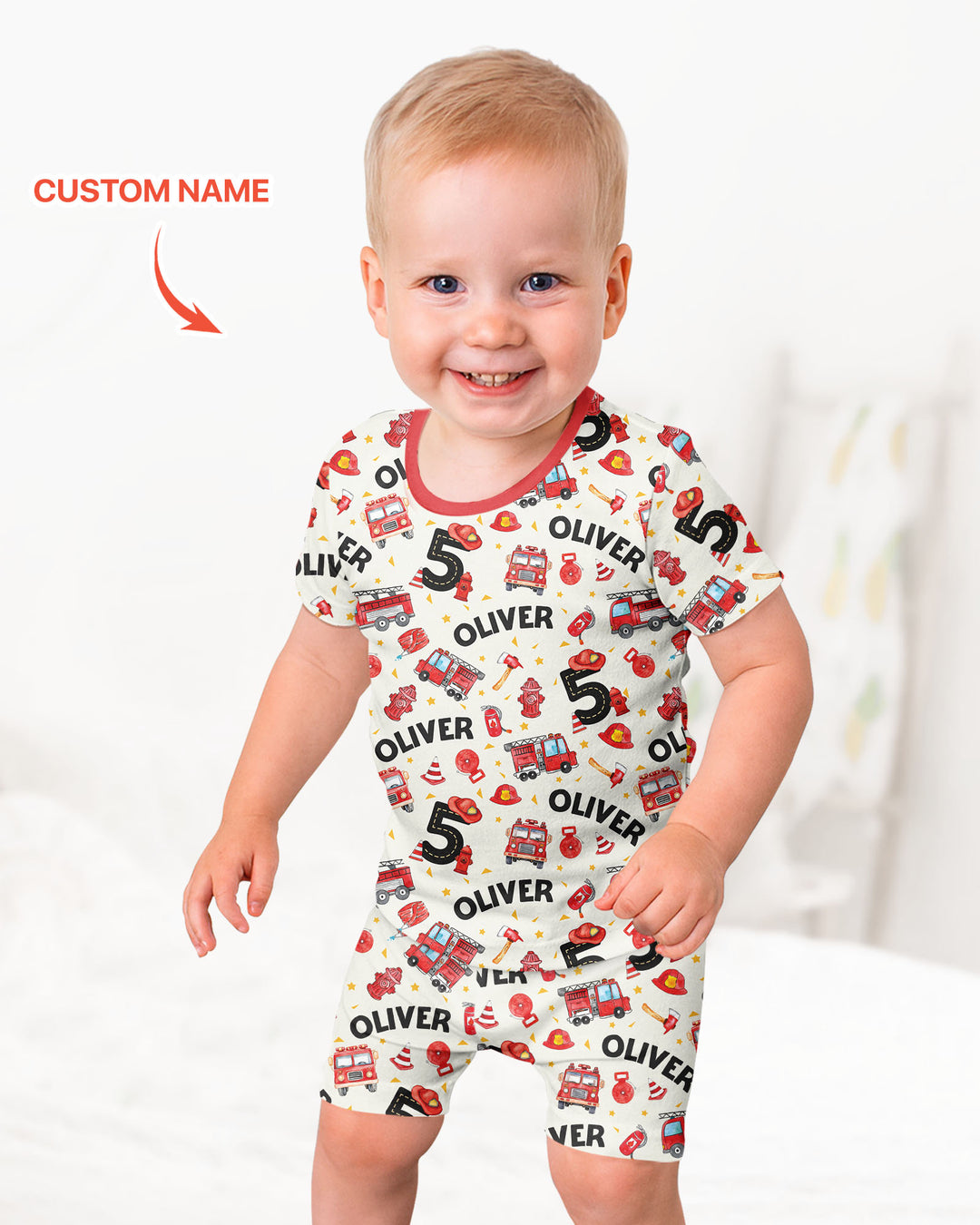 Custom Name Fire Truck Birthday Boy Bamboo Two Piece Short Sleeve Shorts Pajama Set