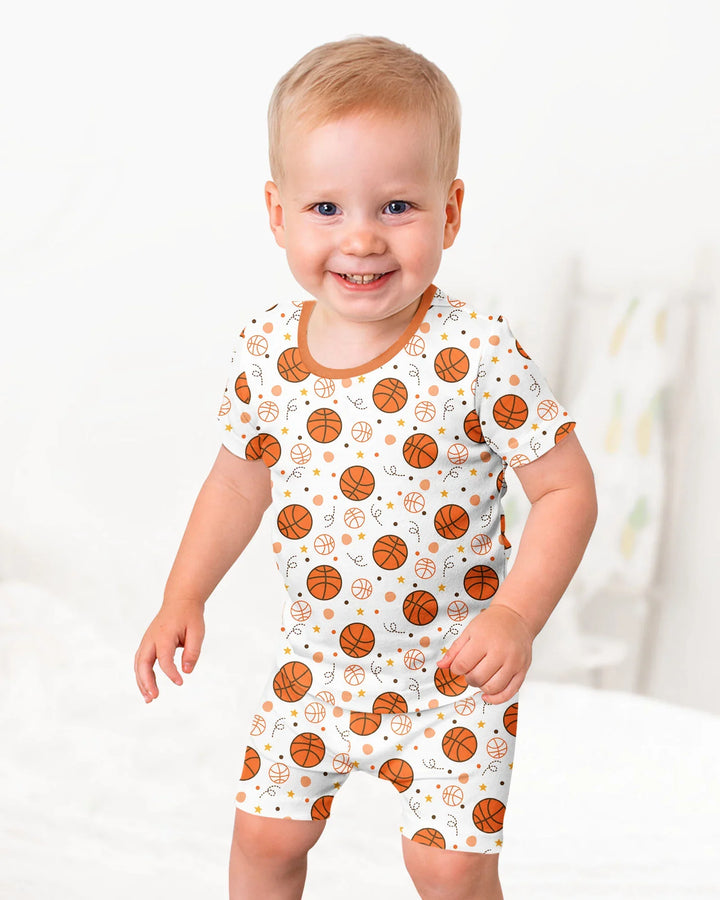 Conjunto de pijama de dos piezas de baloncesto naranja de bambú de manga corta y pantalón corto