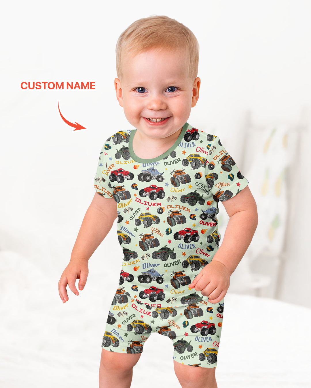 Personalized Monster Truck Bamboo Two Piece Short Sleeve Shorts Pajama Set