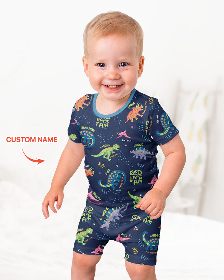 Custom Name God says I am Dinosaur Bamboo Two Piece Short Sleeve Shorts Pajama Set