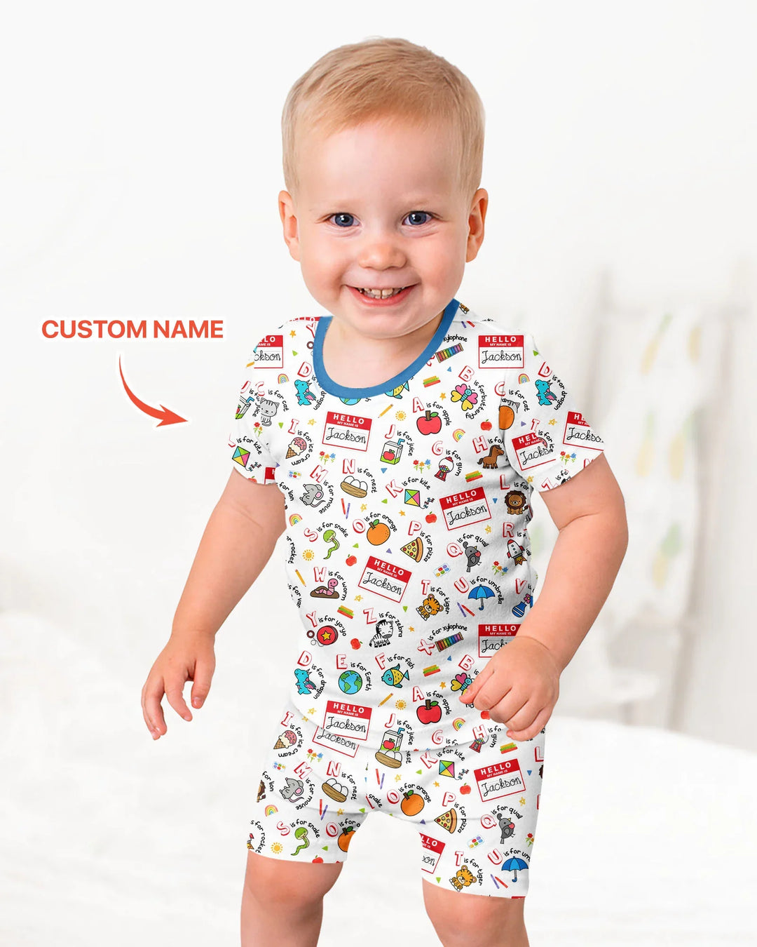 Custom Name Hello School ABCs Bamboo Two Piece Short Sleeve Shorts Pajama Set