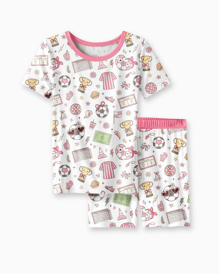 Pink Girly Soccer Coquette Bamboo Two Piece Short Sleeve Shorts Pajama Set