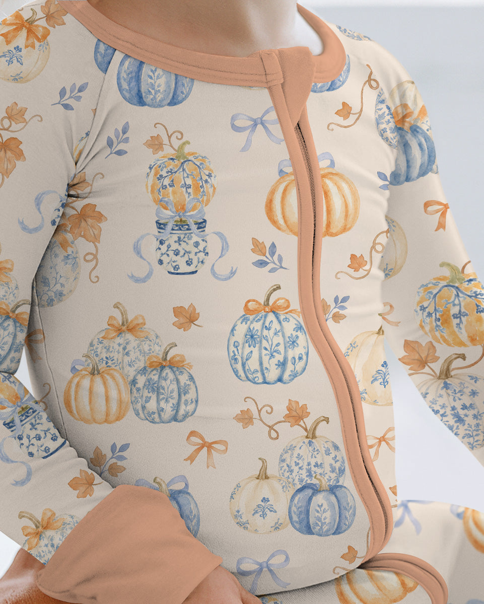 Preppy Blue and Orange Chinoiserie Pumpkin Bamboo Convertible Zippy