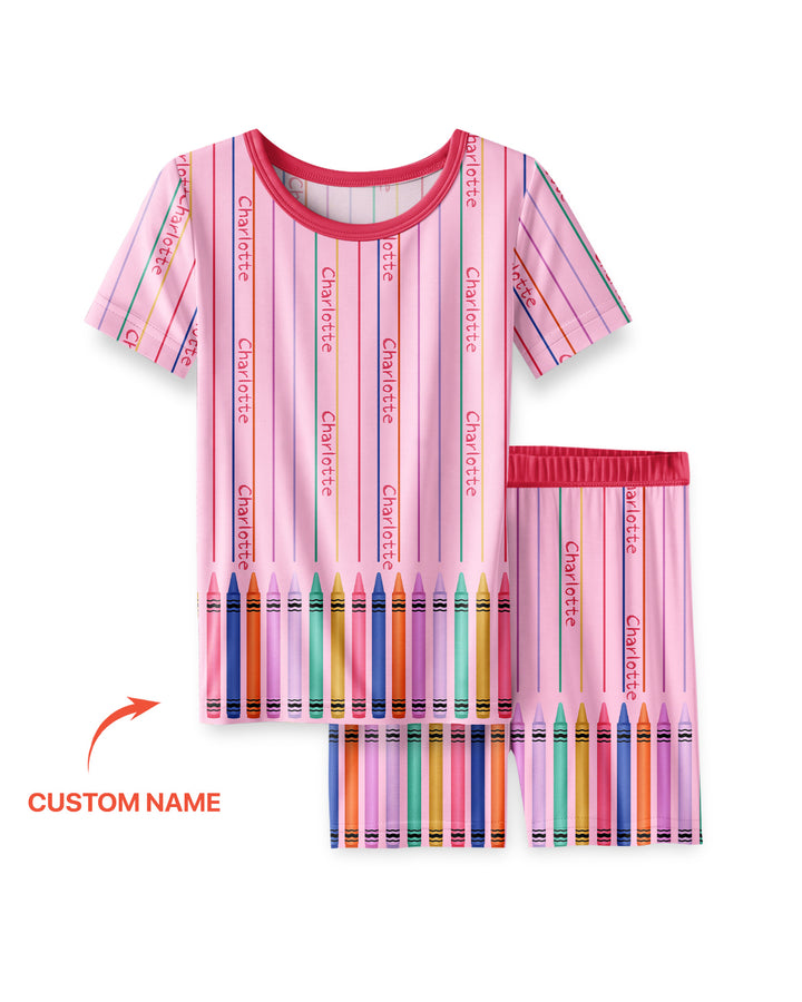 Custom Name Crayon Lines Bamboo Two Piece Short Sleeve Shorts Pajama Set