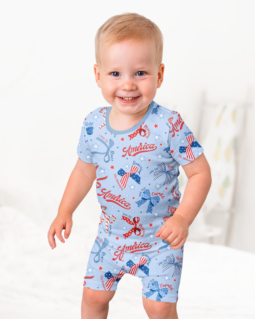 Pijama de dos piezas con pantalón corto y manga corta de bambú, estilo femenino y patriótico