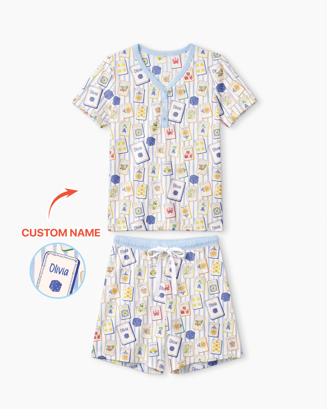 Coastal Mahjong Custom Name Mommy & Me Matching Bamboo Women Short Sleeve Short Pajama Set