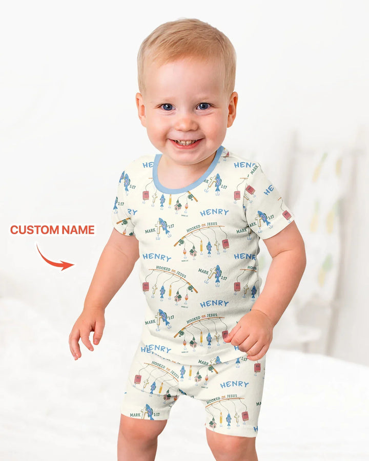 Hooked On Jesus Fishing Matching Bamboo Two Piece Short Sleeve Shorts Pajama Set