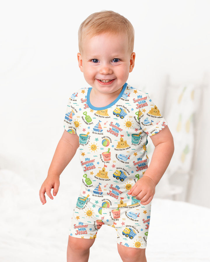 Colorful Summer Beach With Jesus Bamboo Two Piece Short Sleeve Shorts Pajama Set