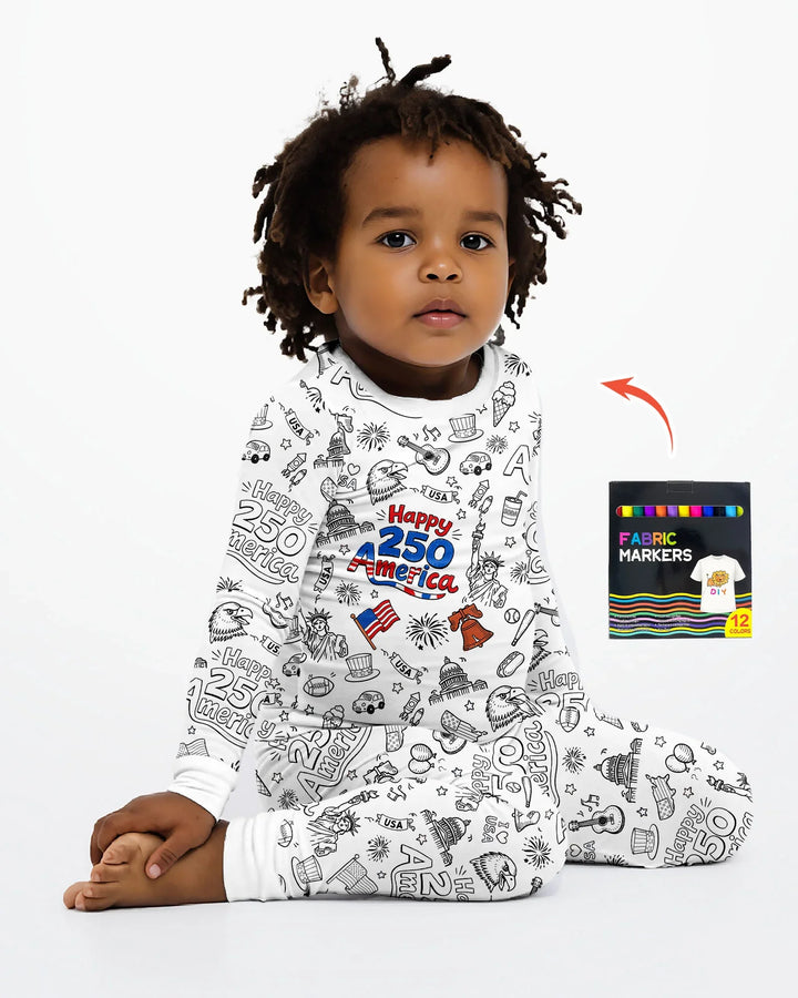 All Colorable Happy 250 America I love USA Bamboo Two Piece Long Sleeve Pajama Set