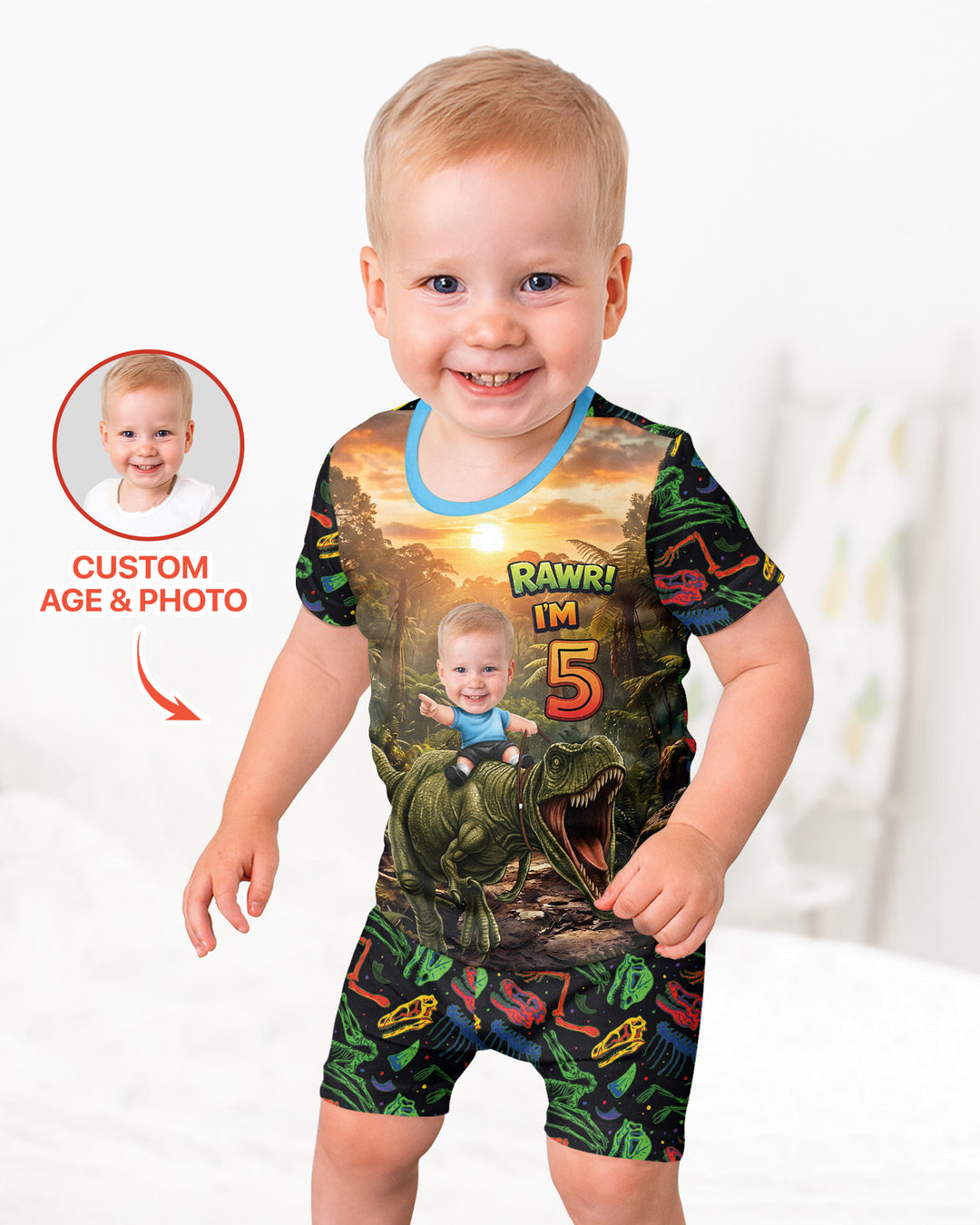 Custom Photo Dino Rawr Birthday Bamboo Two Piece Short Sleeve Shorts Pajama Set