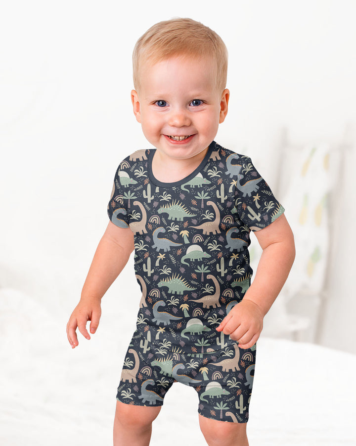 Navy Jurassic Jungle Bamboo Two Piece Short Sleeve Shorts Pajama Set