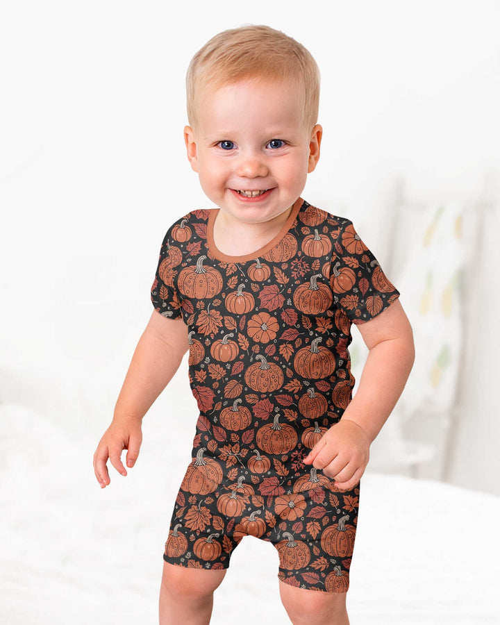 Retro Halloween Pumpkins Bamboo Two Piece Short Sleeve Shorts Pajama Set