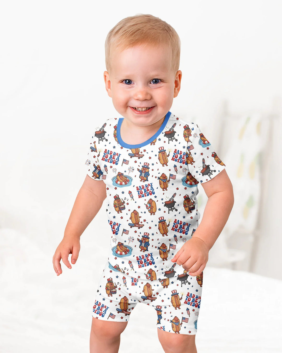 Hot Dog Patriotic Bamboo Two Piece Short Sleeve Shorts Pajama Set