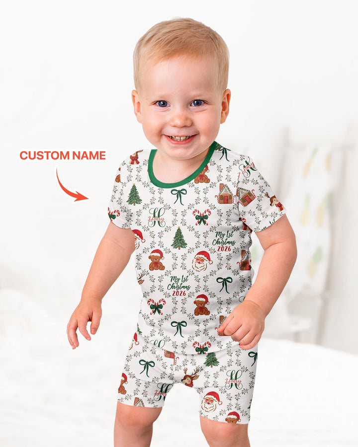Custom name "Fancy Monogram Green Christmas 2026" Bamboo Two Piece Short Sleeve Shorts Pajama Set