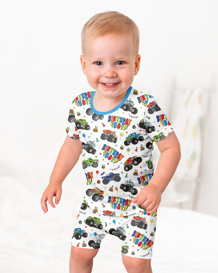 Monster Truck Birthday Boy Bamboo Two Piece Short Sleeve Shorts Pajama Set