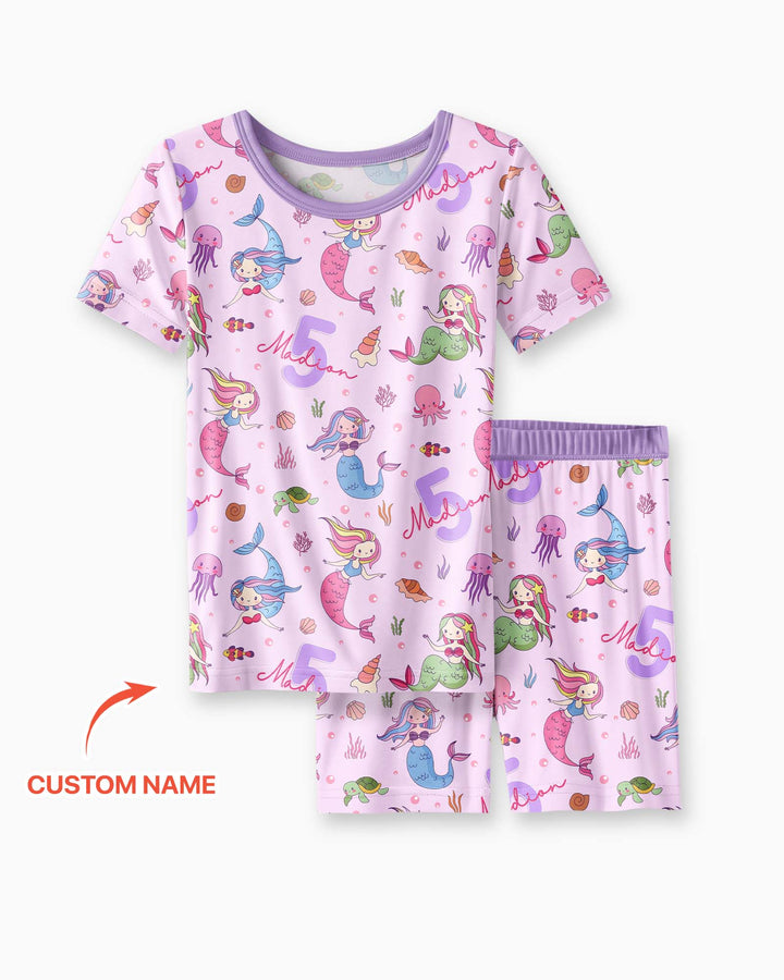 Custom Name Birthday Mermaid Bamboo Two Piece Short Sleeve Shorts Pajama Set
