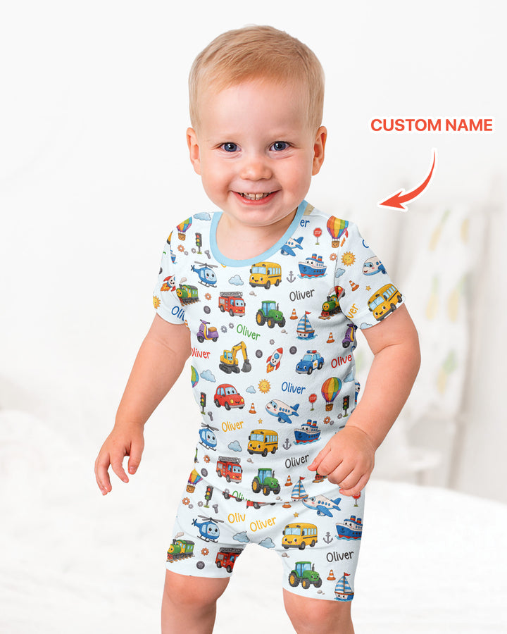 Custom Name Cute Transport Bamboo Two Piece Short Sleeve Shorts Pajama Set