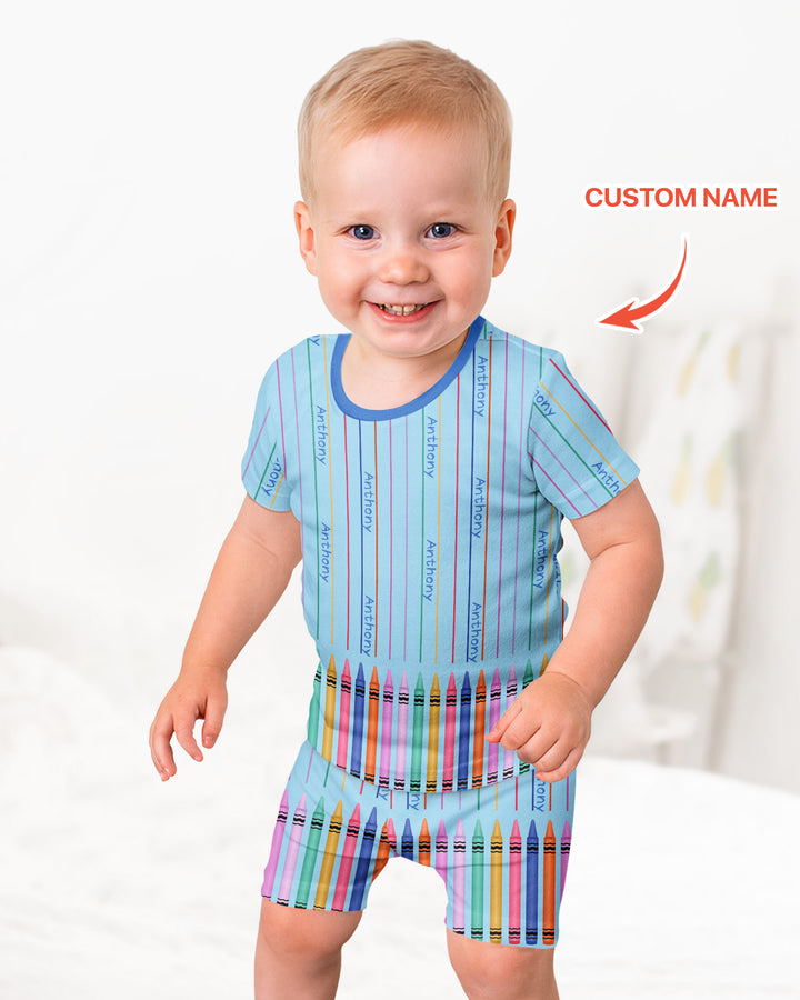 Custom Name Crayon Lines Bamboo Two Piece Short Sleeve Shorts Pajama Set