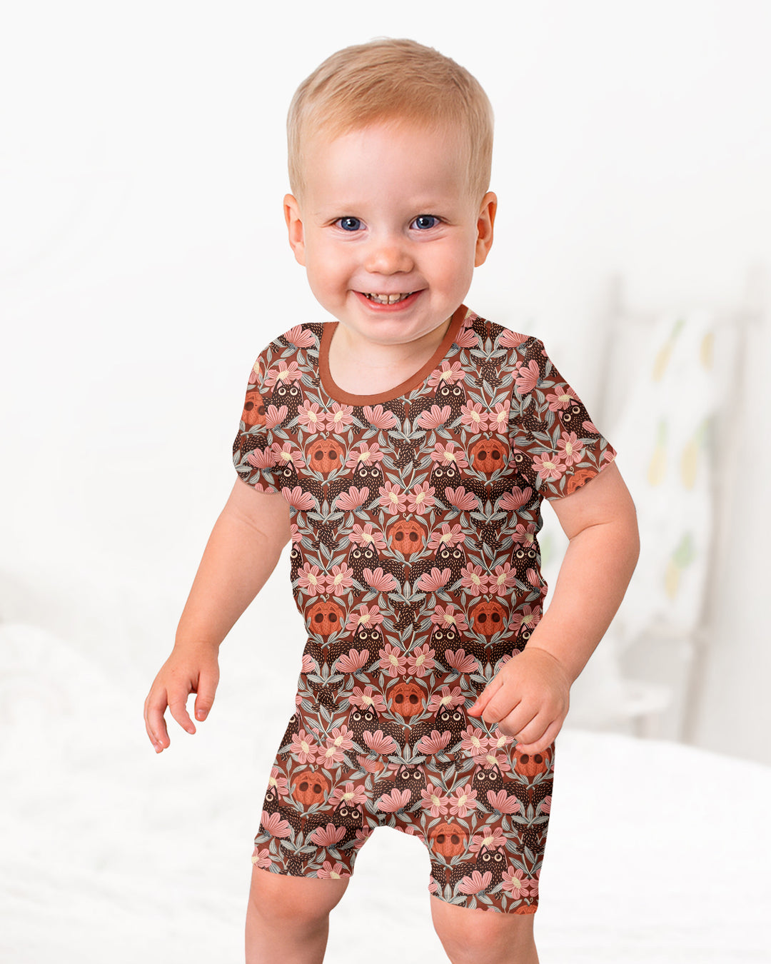 Spooky Owl Pumpkin Folk Floral Halloween Bamboo Two Piece Short Sleeve Shorts Pajama Set